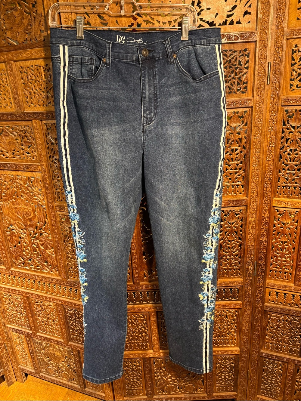 DG2 by Diane Gilman dark blue jeans with side blue floral embroidery